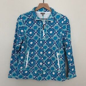 Talbots Blue Medallion Print Quarter Zip Pullover Jacket Preppy Athletic LP